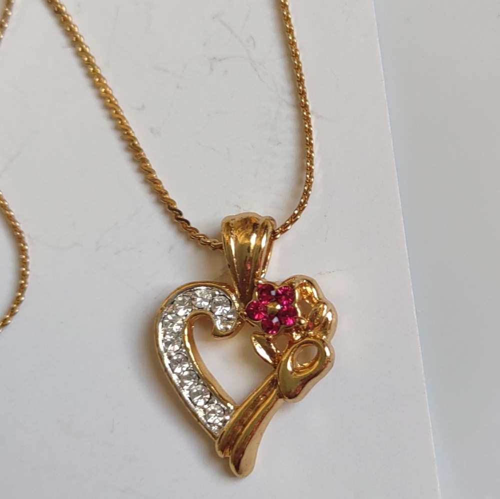 Yellow Gold Open Heart Pendant w/  Ruby Red Flower Crystals